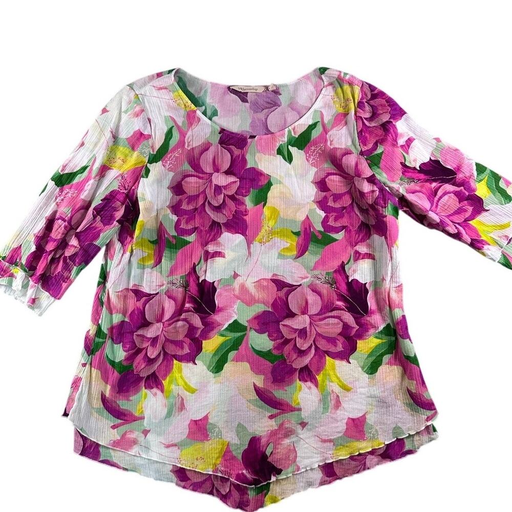 Soft Surroundings Large Floral Half Sleeve Pink Purple Gauze Top Layered Crinkle